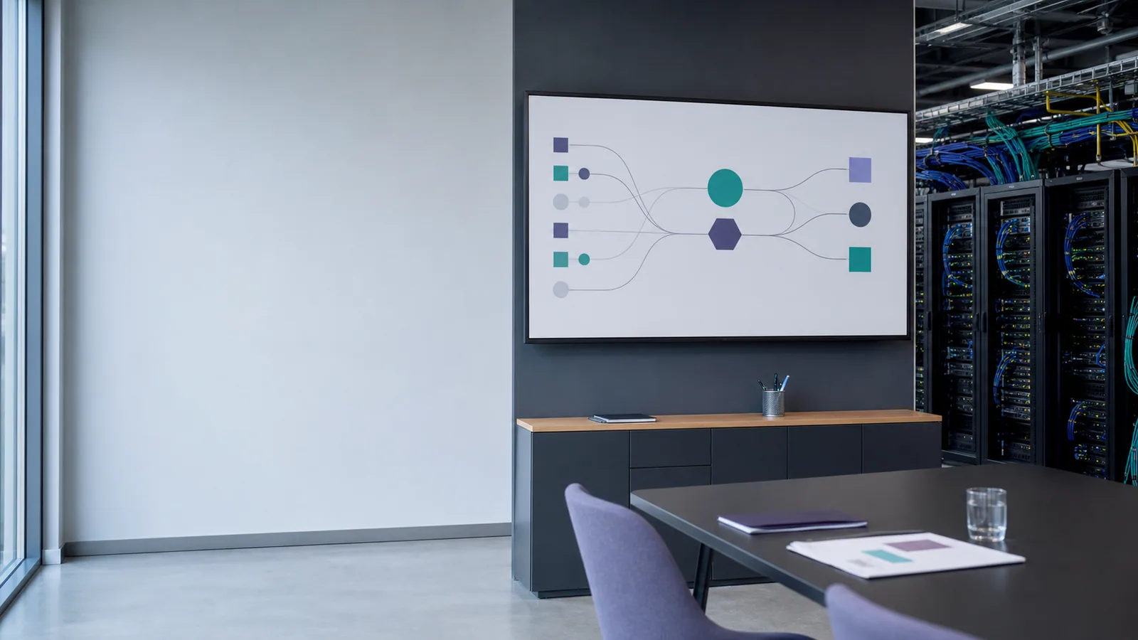 Kontor med diagram af datanætværk på monitoret og serverudstyr i baggrunden.
