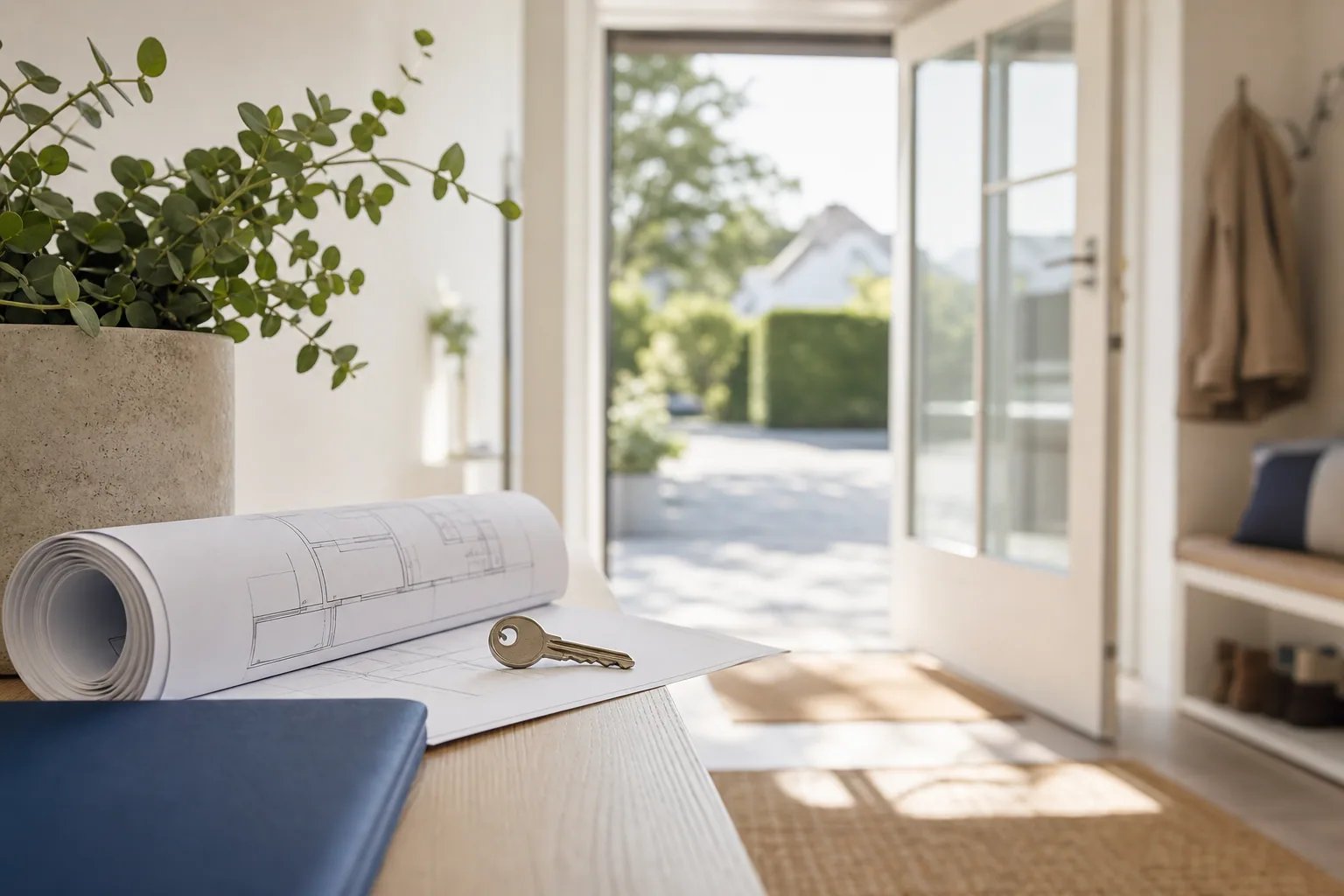 En arkitekttegning med husnøgle ligger på skrivebord med udsigt til villa og grøn have.