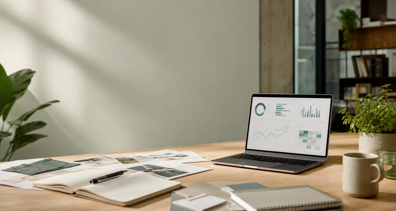 Laptop viser analytisk dashboard med grafer og data på skrivebord ved siden af notesblok og kaffekop.