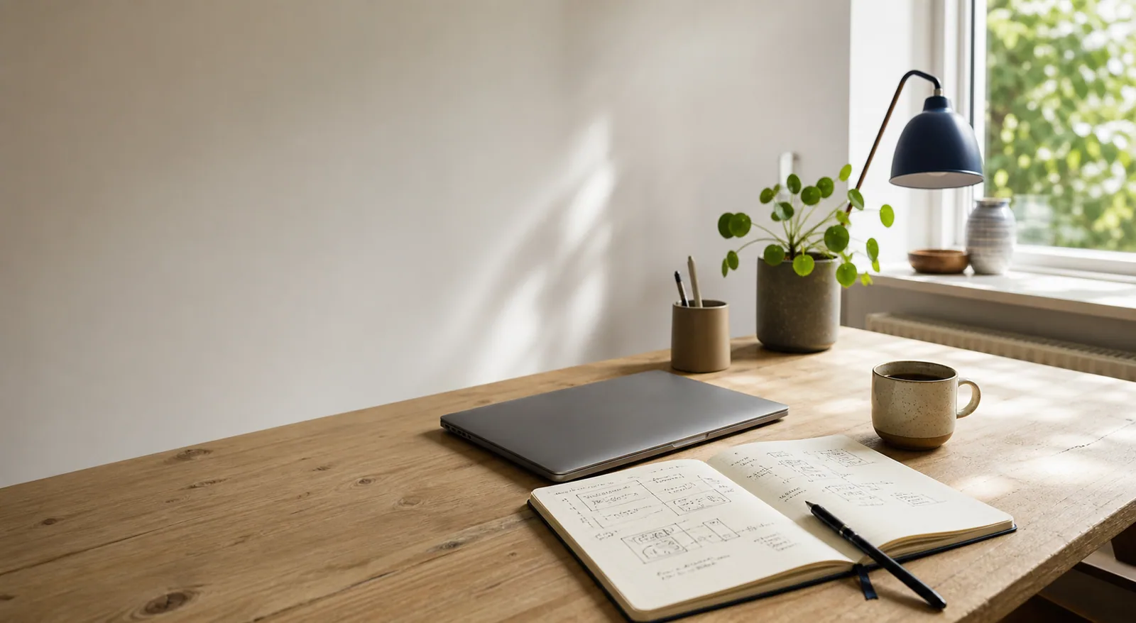 Et lyst skrivebord viser en laptop, notesbog med tegninger, kaffekrus, planter og sort lampe i et moderne hjemmekontorrum.