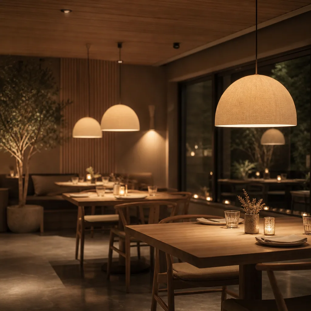 Moderne restaurantsal med træborde, kupollamper og varm belysning.