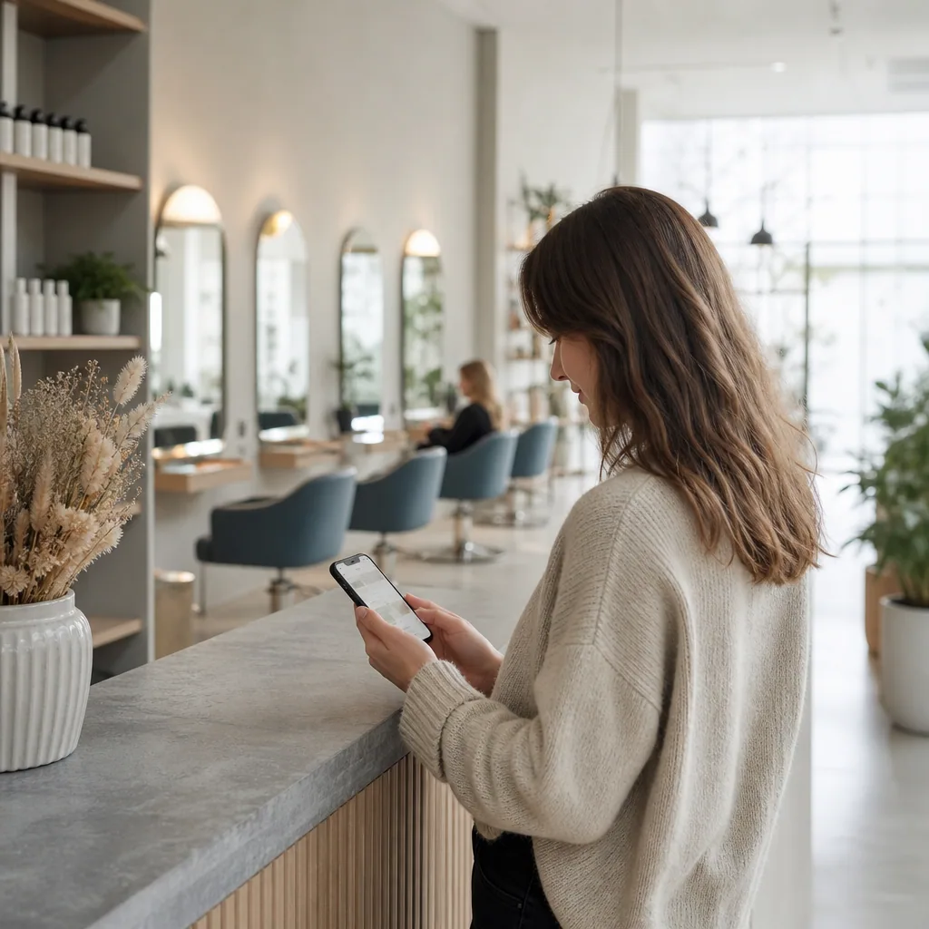 Kvinde holder en smartphone i en moderne frisørsalon med spejle og planteliv.