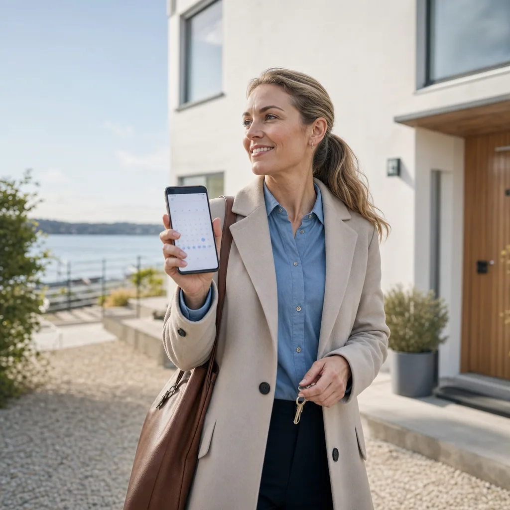 En professionel kvinde i blazer holder en smartphone og nøgler foran et moderne hvidt hus ved vandet.