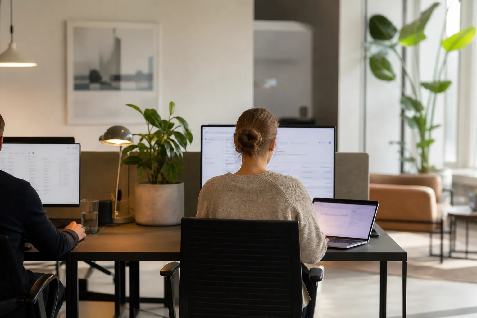 En person arbejder på computerskærm ved skrivebord i lyst kontorlokale omgivet af planter og kollegaer.