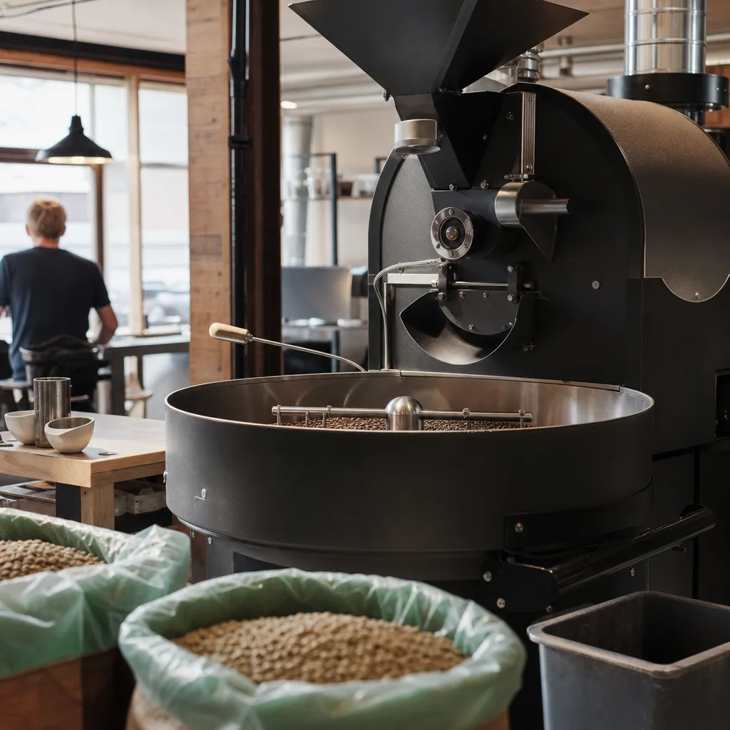 Risteri-maskine i drift med kaffe-bønner