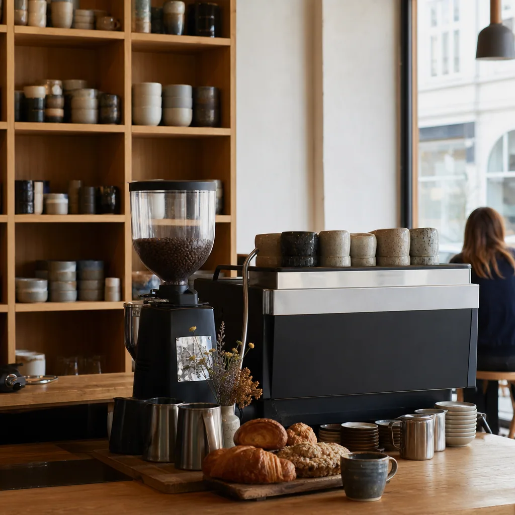 Varme farver og træelementer i caféen