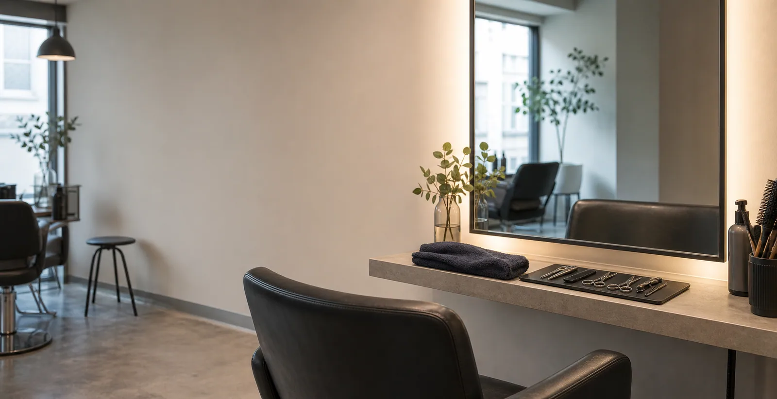 Minimalistisk kontormiljø med sort arbejdsstol, spejl, planter og dagslys fra store vinduer.