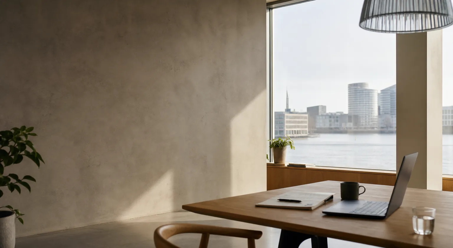 Et moderne arbejdskontor med skrivebord, laptop og stort vindue der viser bylandskab med bygninger.
