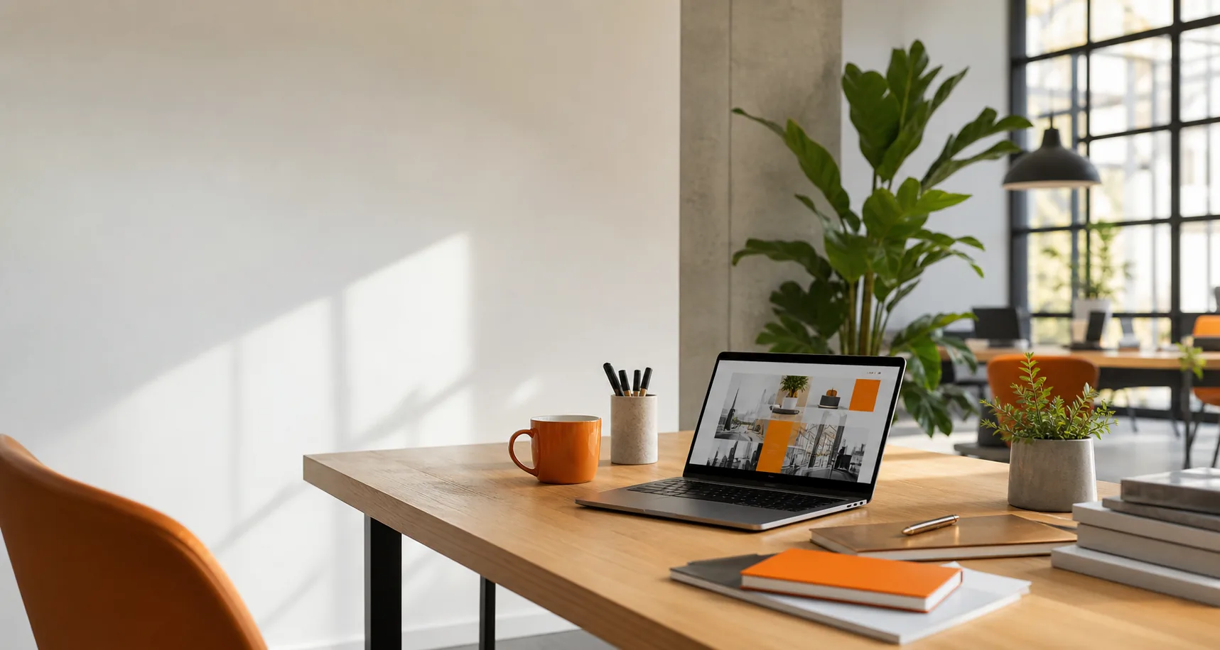 En laptop viser et moderne webdesign med orange elementer på et stilfuldt kontorbord.