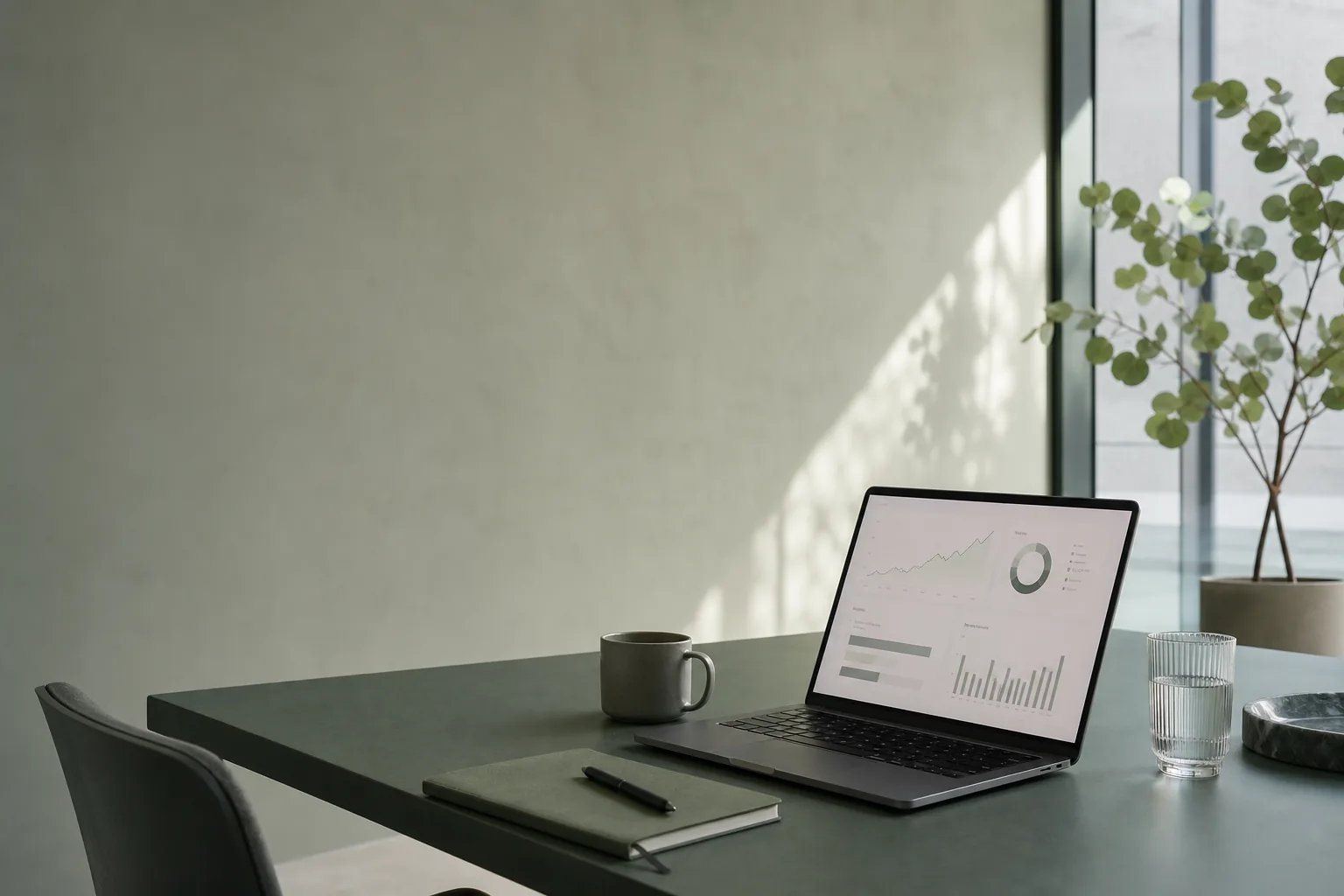 Laptop på kontorets skrivebord viser analytics dashboard med grafer og ROI-målinger.