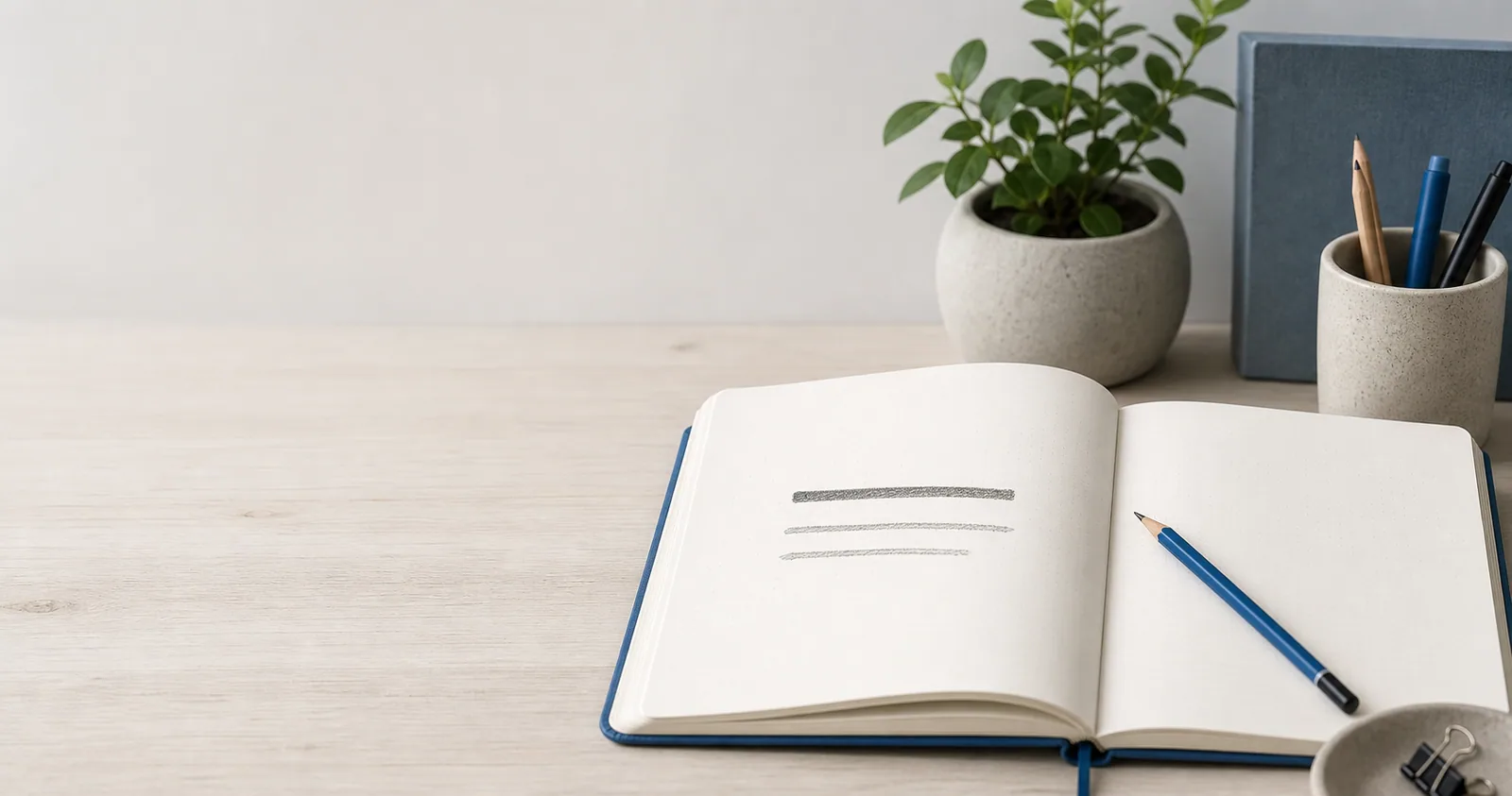 Et åbent notesbog med blå blyant ligger på et hvidt minimalistisk skrivebord omgivet af potteplanter og papirvarer.