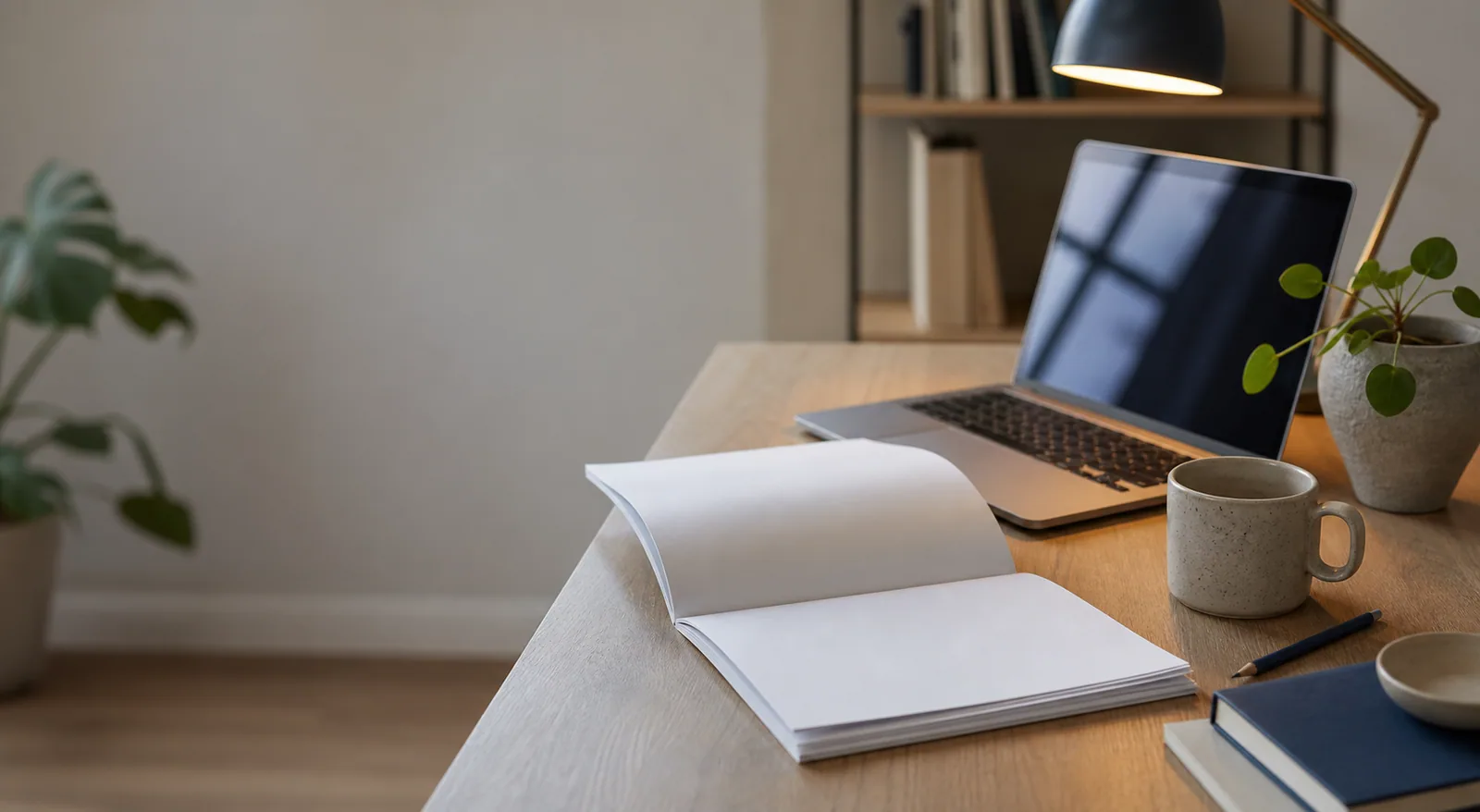 Et minimalistisk kontorskrivebord med åben notesbog, laptop, kaffekop og grøn plante.