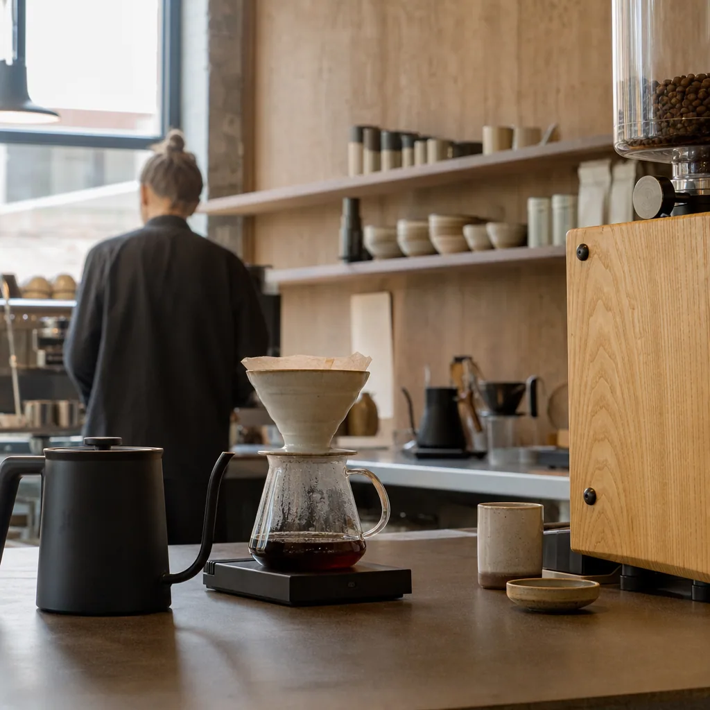 Kaffebaren indre - varme lys og hyggelig indretning