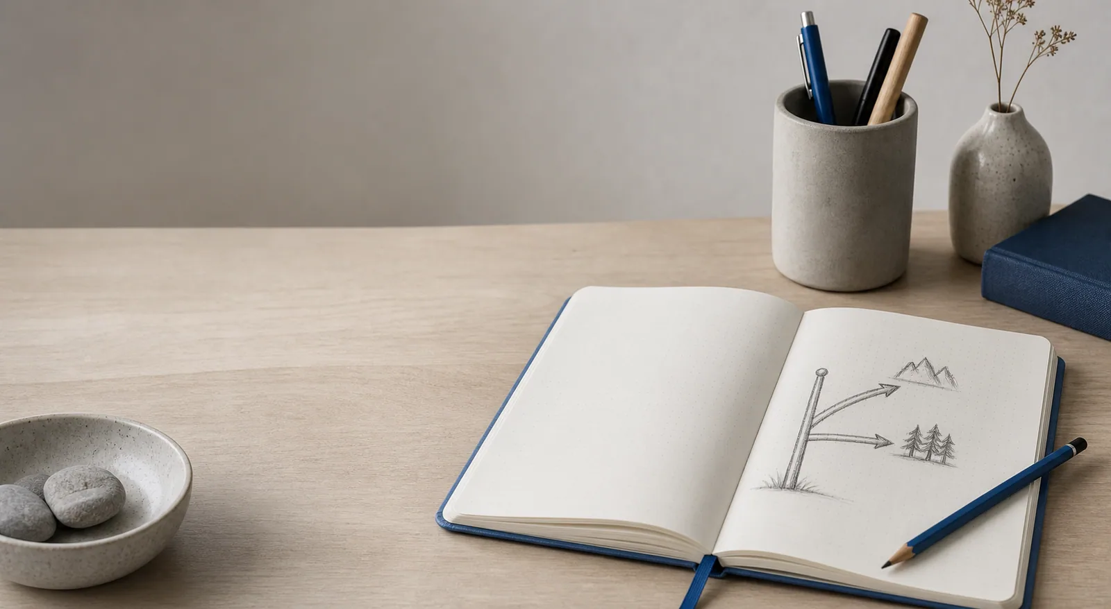 Kunstnerisk arbejdsbord med keramisk penneholder, sketchbook og minimalistisk indretning.