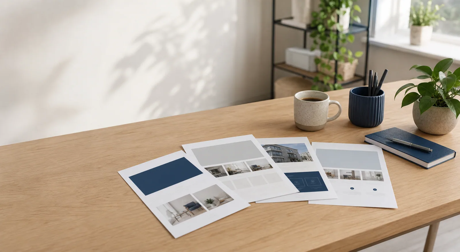 Printede mockups af hjemmesidedesigns ligger på et træbord med kaffe og kontorartikler i et lyst kontor.