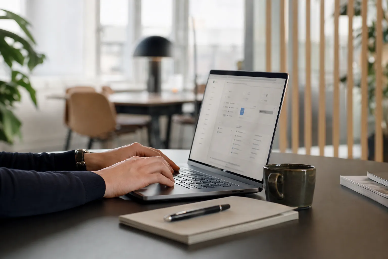 En person arbejder ved en laptop på et moderne kontor med kaffe og notesbog på skrivebordet.