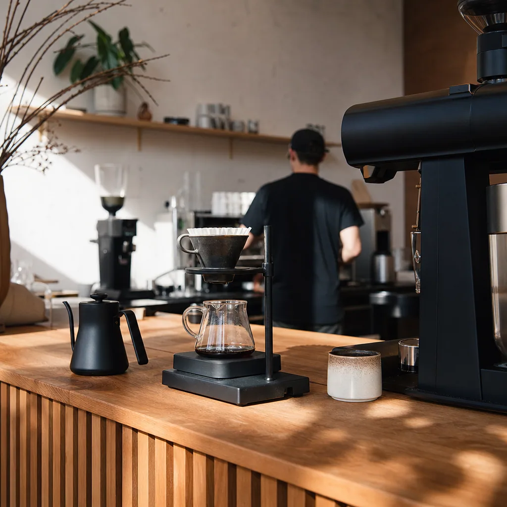 Kaffe-bønner og espresso-tilbehør på display