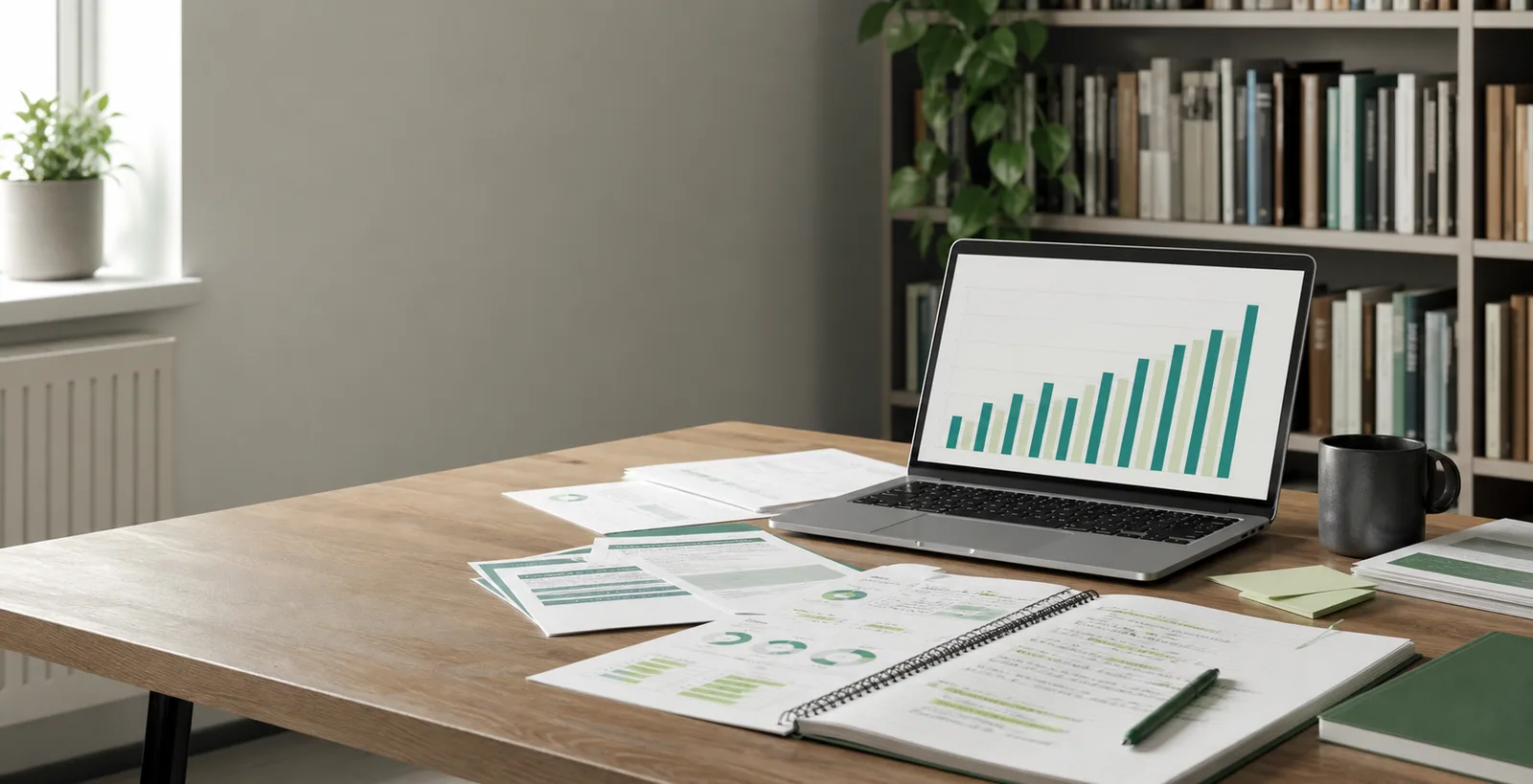 Laptop viser analysegrafer på skrivebord med rapporter