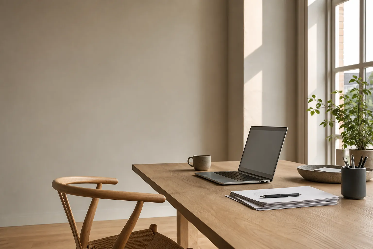 Et minimalistisk kontor med laptop, kaffekop og arbejdsmateriale på et træbord foran et stort vindue.