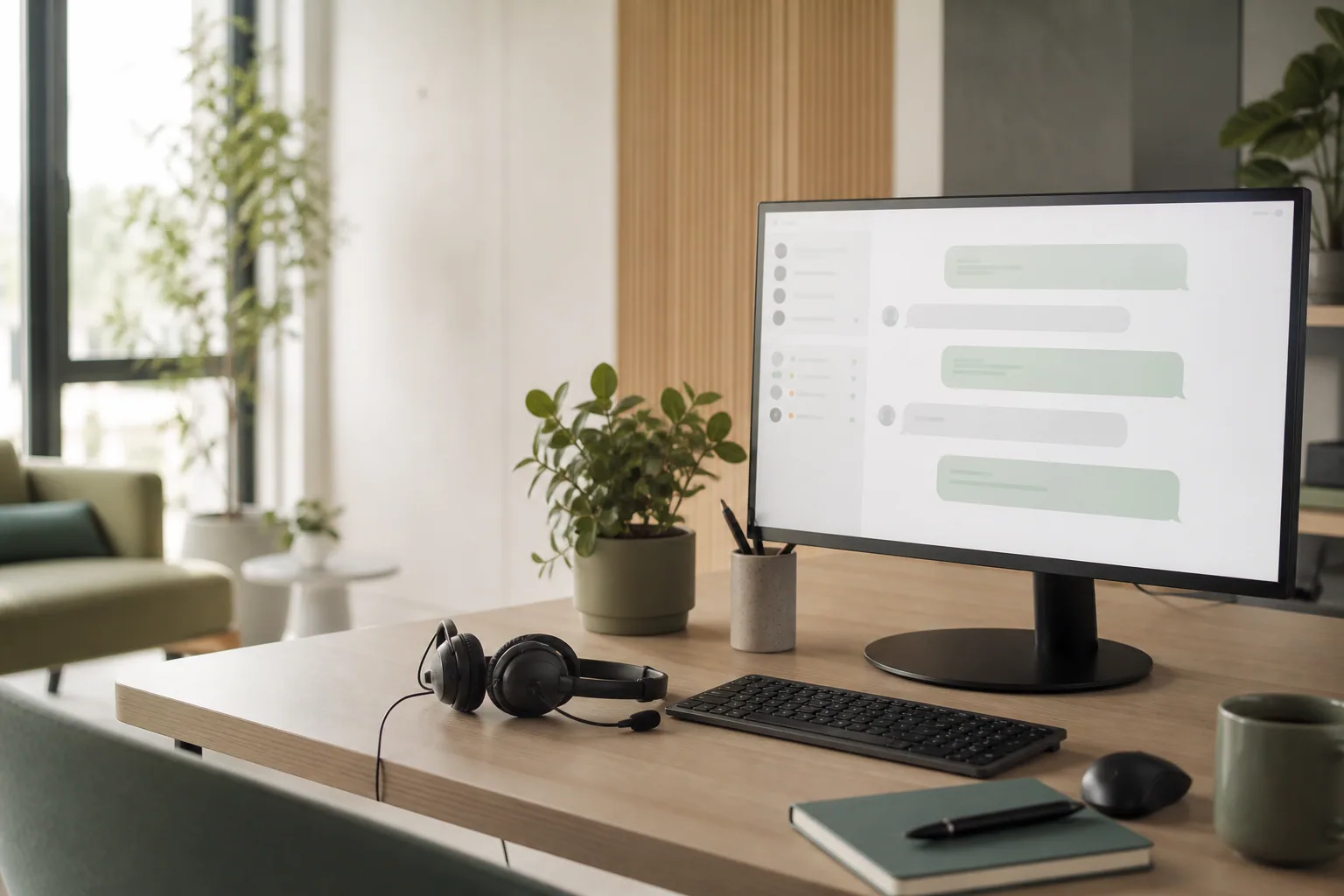 Computermonitor viser chatbot-dashboard i lyst hjemmekontor med arbejdsudstyr og grønne planter.