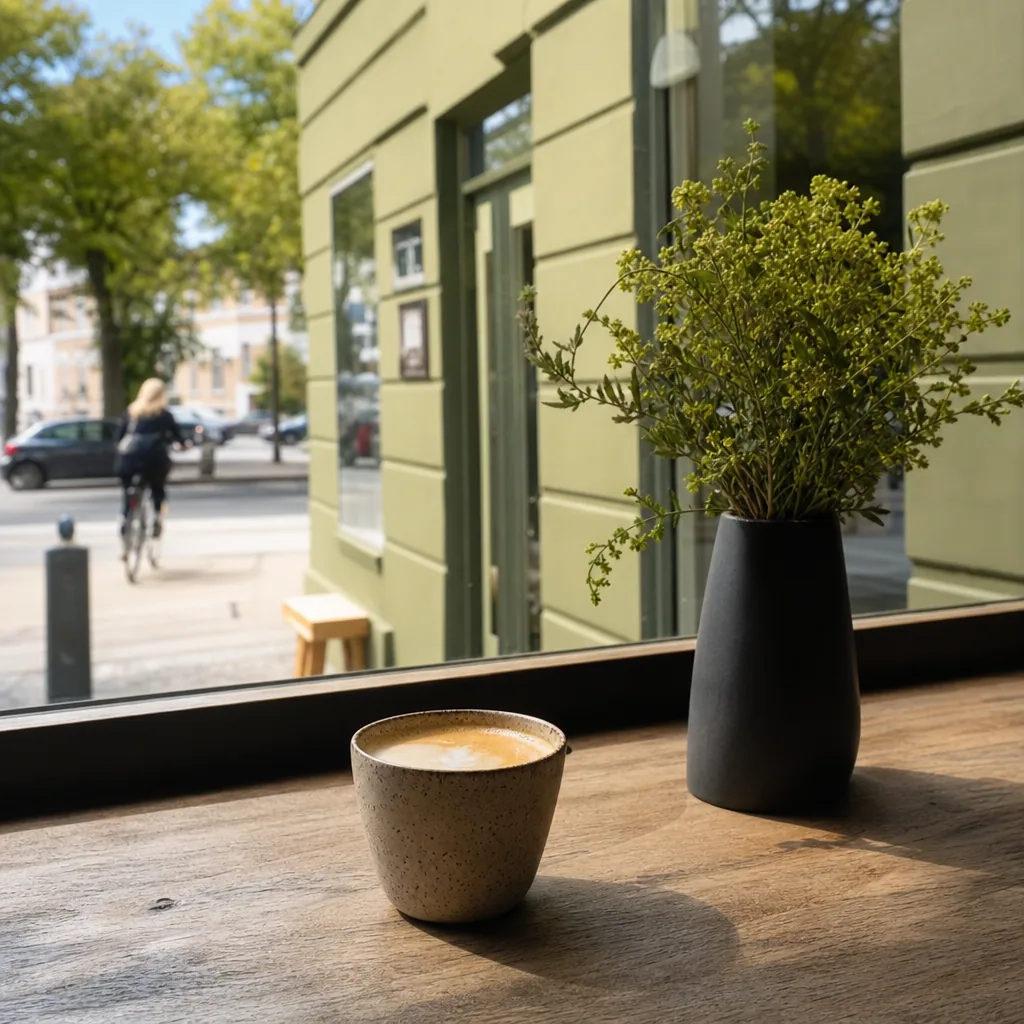 Lysåben cafe med naturligt lys fra store vinduer