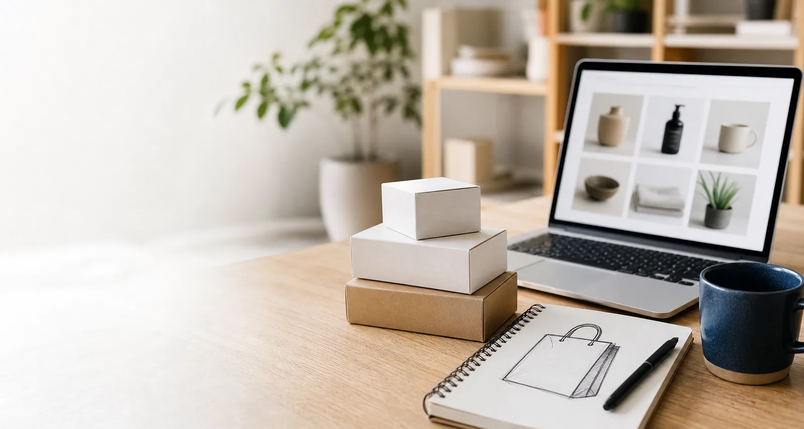Laptop viser en e-commerce hjemmeside med produkter omgivet af pakker og arbejdsmaterialer på skrivebord.