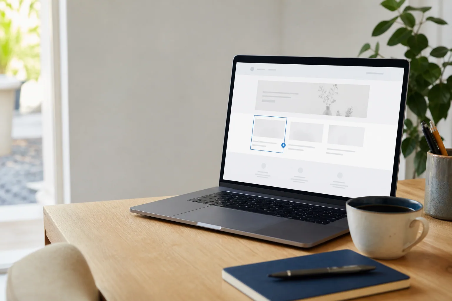 En laptop på skrivebord viser en hjemmesidedesign med wireframe og layout-elementer.