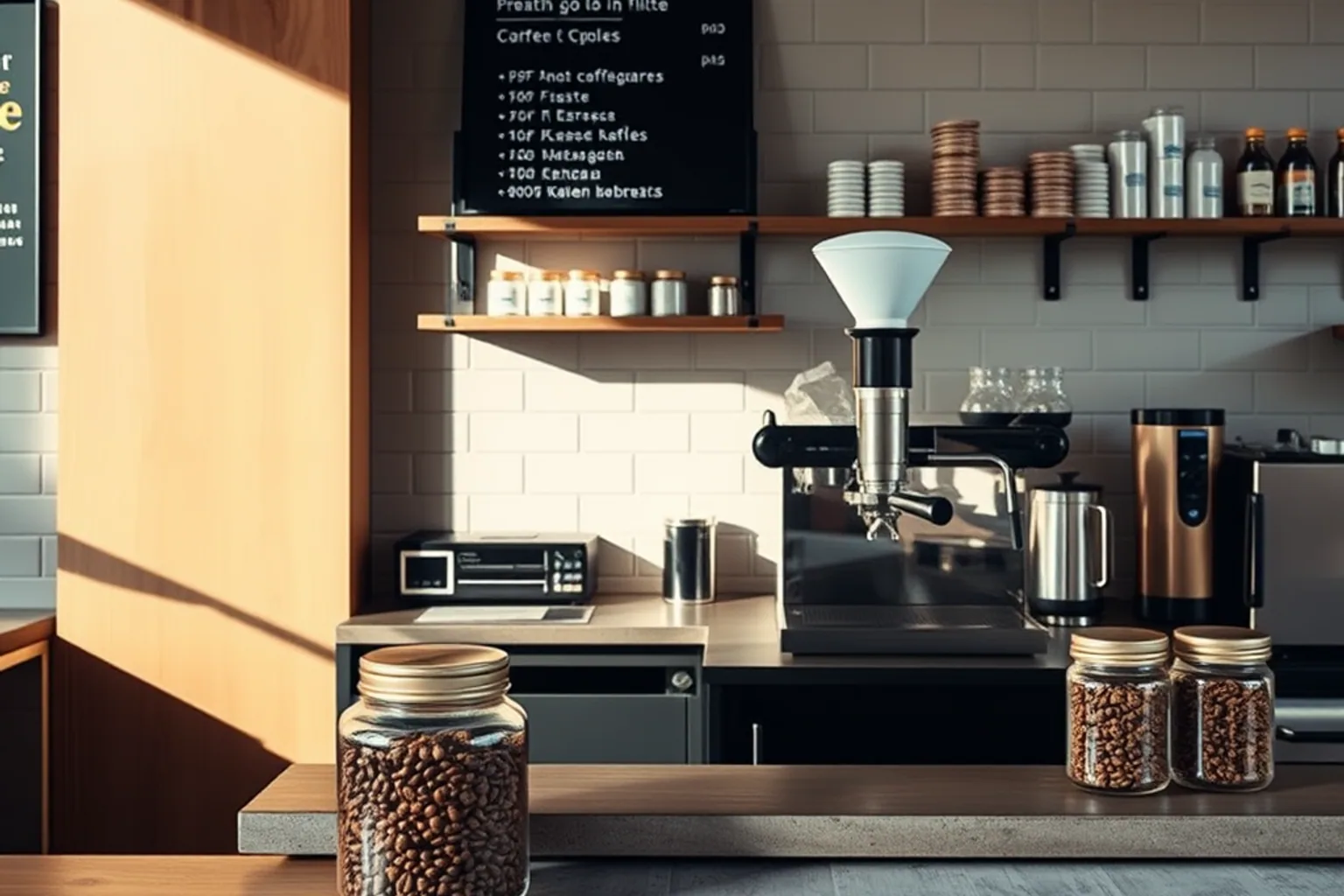 En stilfuld kaffebars disk med espressomaskine, kaffebønner i glas og hylder med krus.