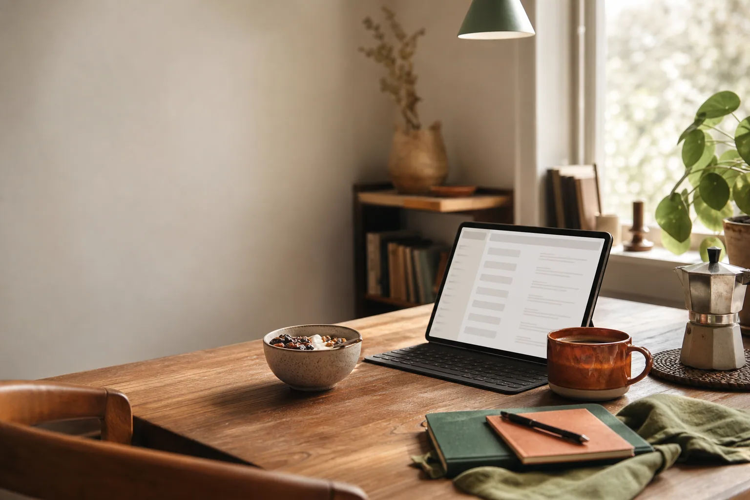 Et hjemmekontorskrivebord med en laptop som viser indhold, kaffekop, notesbog og arbejdsmaterialer.