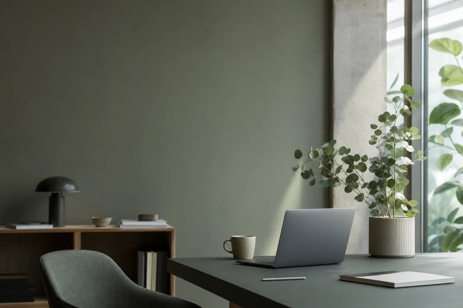 Minimalistisk arbejdsskrivebord med åbent laptop, kaffekop og potplante ved vinduet.