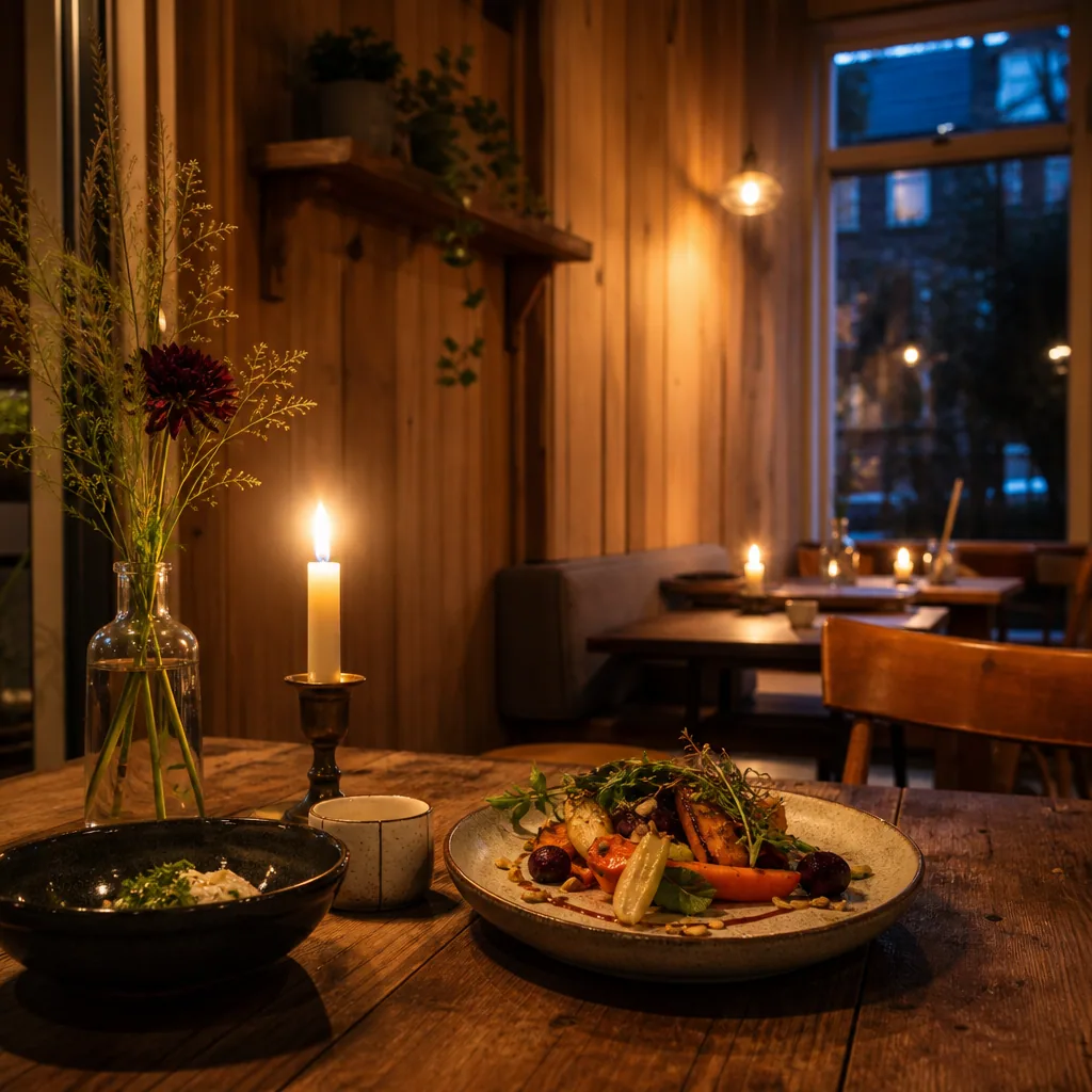 En finspist ret på tallerken i et lyst og hyggelig restaurantmiljø med stearinlys og blomster