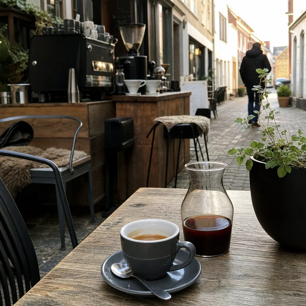 Kaffesmeden's udendørs seating på Smedegade med varme lys