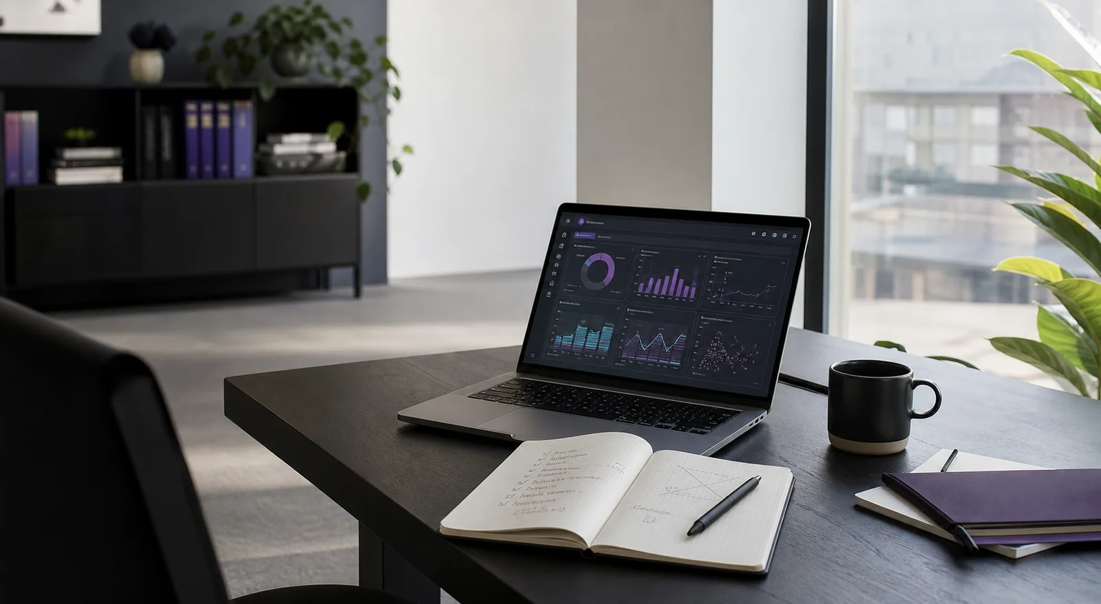 Laptop viser data dashboards og analyser på et professionelt kontorskrivebord.