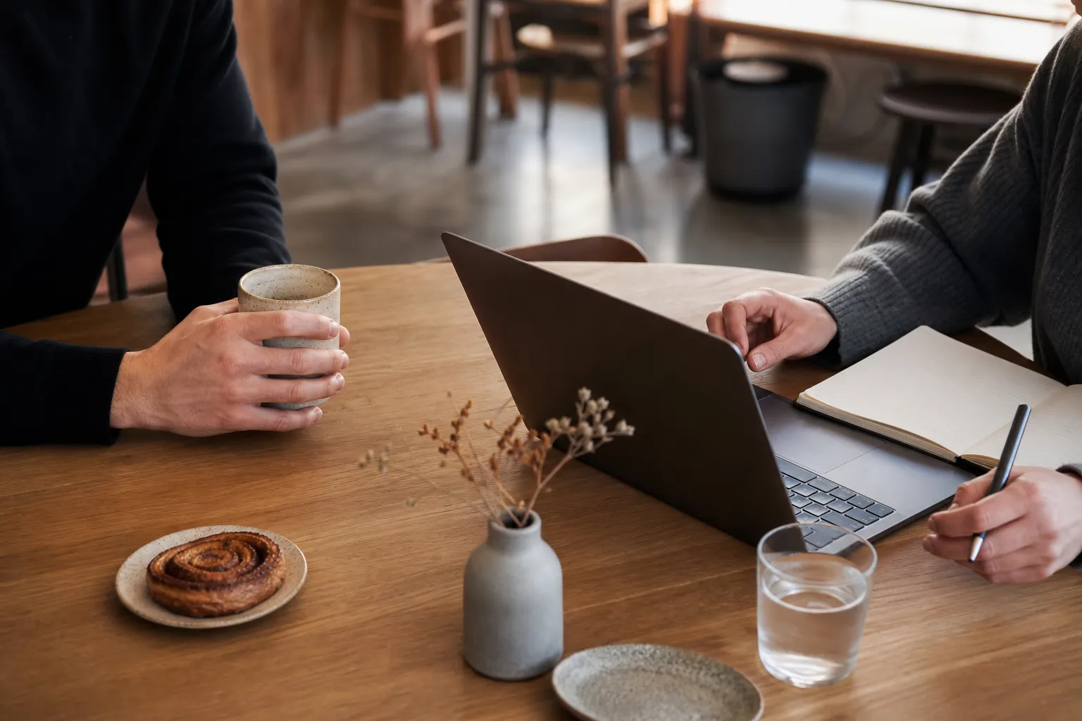 To personer arbejder ved et bord på en café med laptop og kaffe.