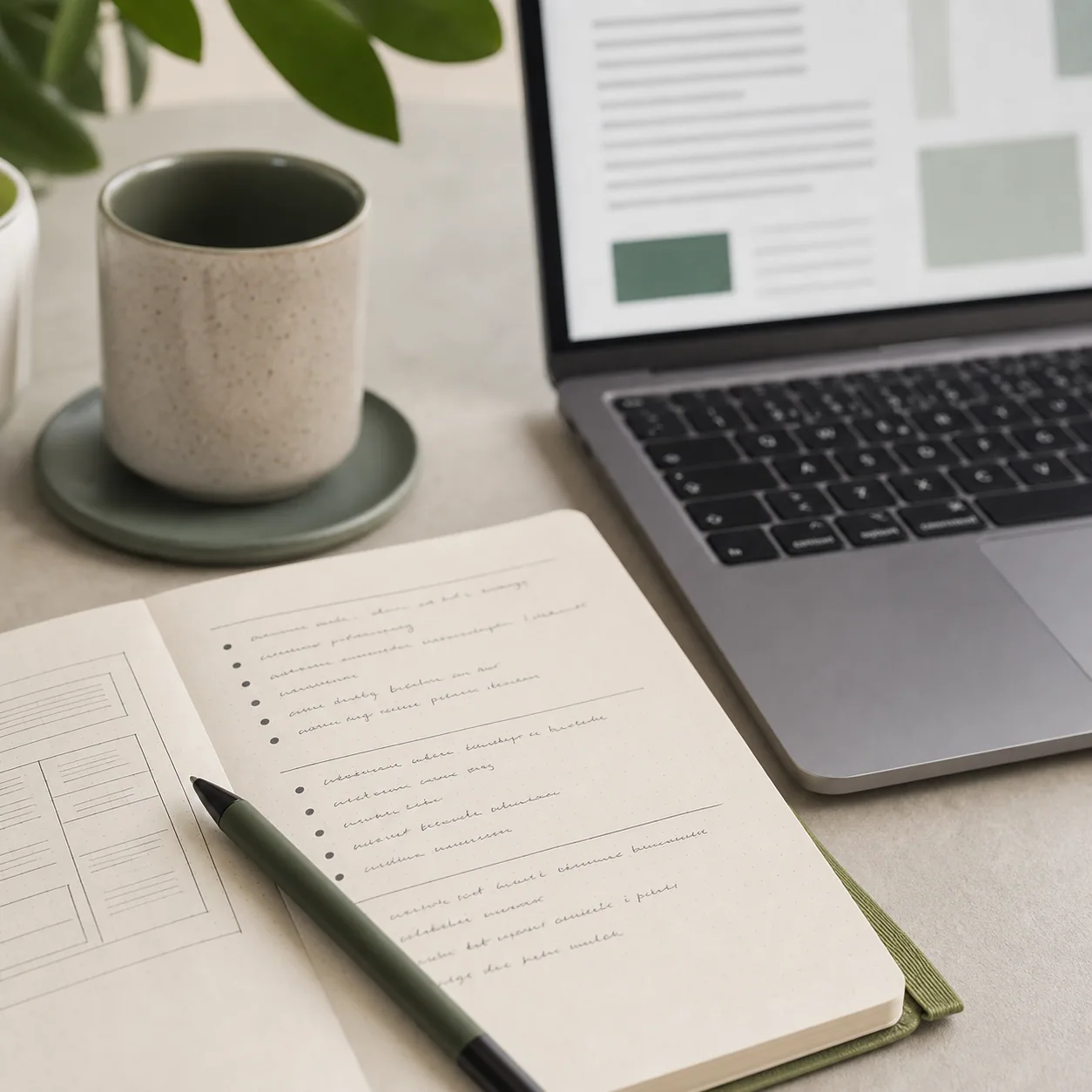 En laptop viser et webdesign mockup ved siden af en notesbog med checkmark-noter og en kaffekop på arbejdsskrivebordet.