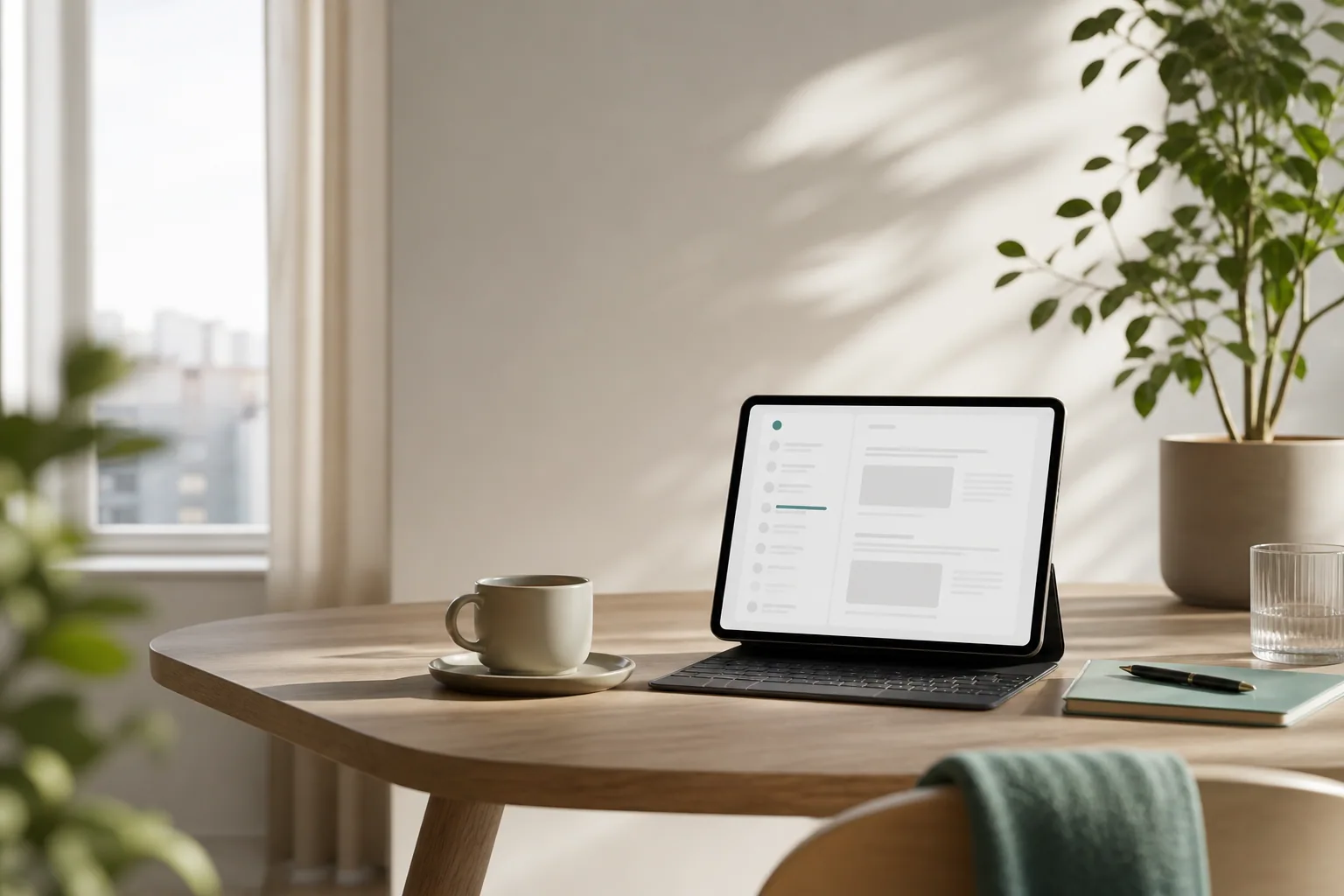 En tablet med en hjemmeside vises på et arbejdsbord ved siden af en kaffekop og grønne planter.