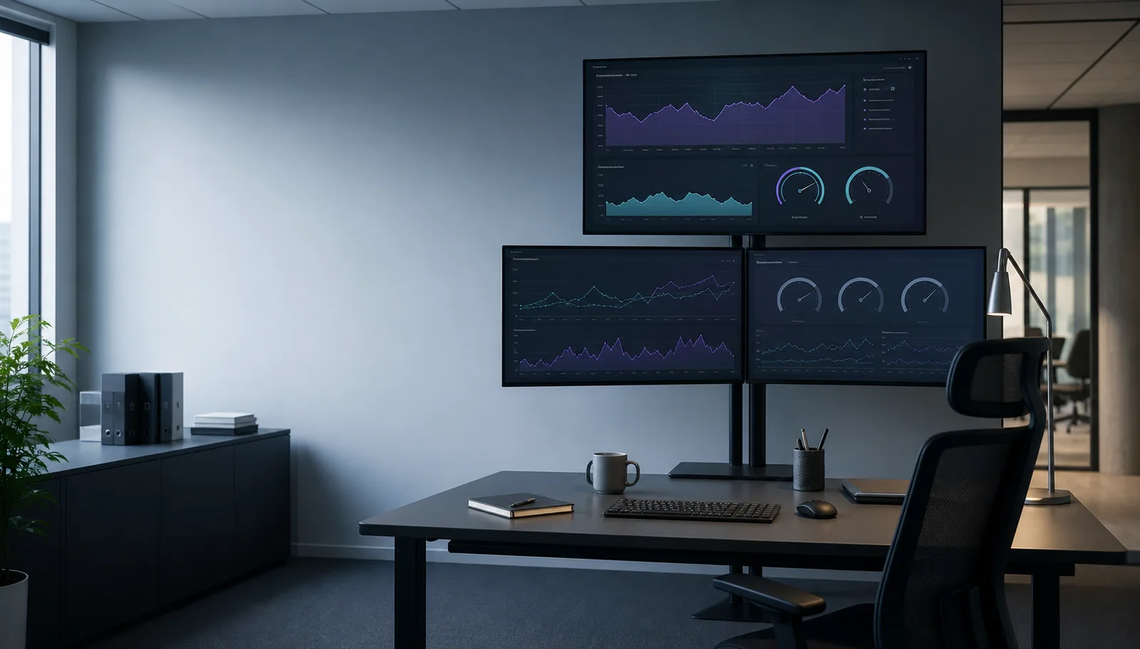 Kontor med flere skærme der viser datagrafer og metrics til overvågning af AI-modeller