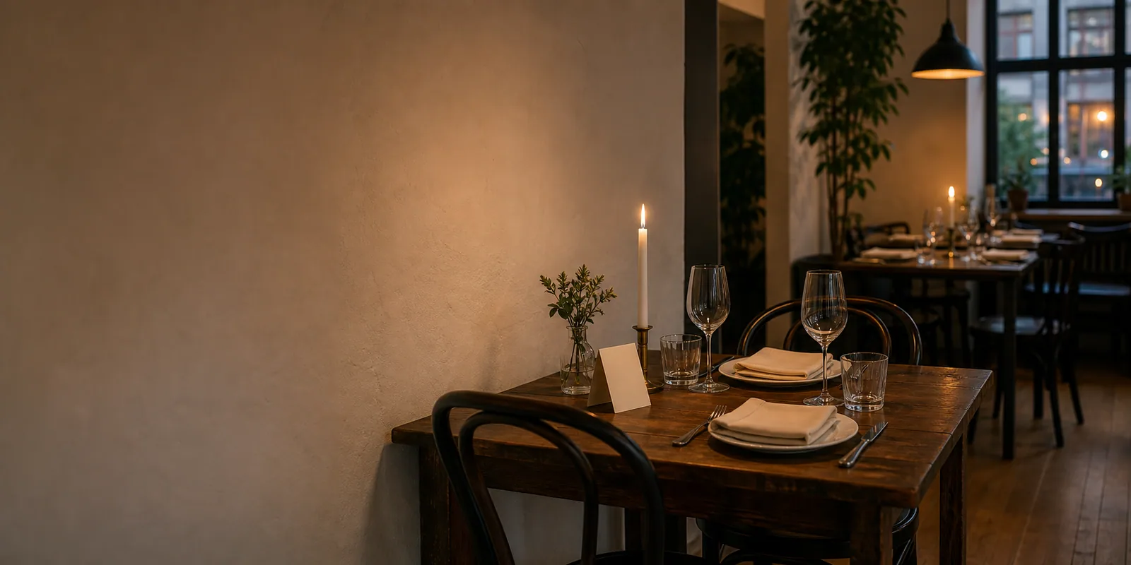 Et dækket restaurantbord med tændt stearinlys og elegant borddækning.