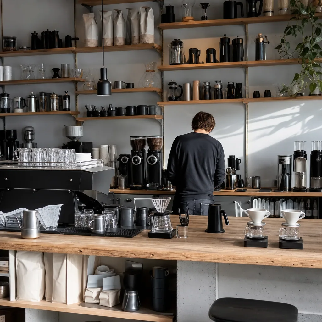 Kaffeexpressen interiør med arbejdsbordet og espresso-maskine
