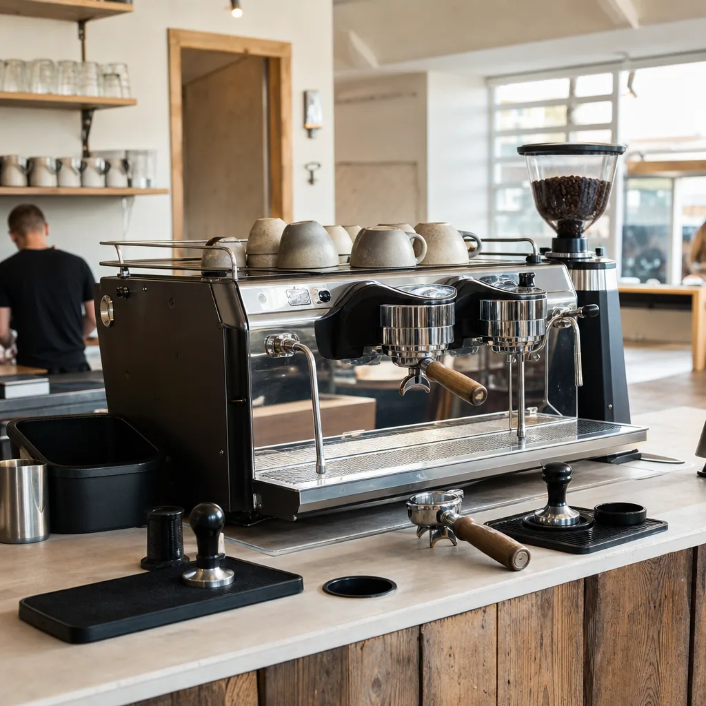 Jura-maskiner og kaffe-udstyr hængende på væggen