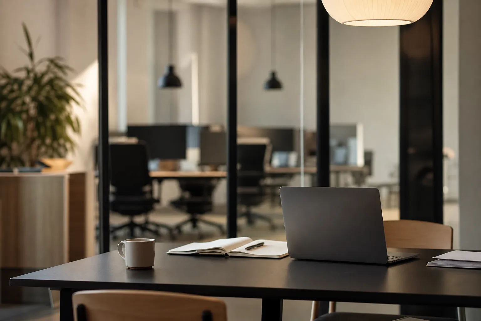 Stilrent kontormiljø med laptop og kaffekop på skrivebord foran åbent kontorlokale.