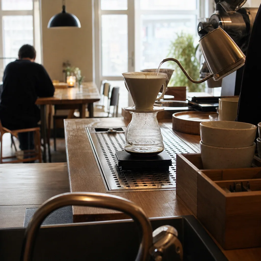 Espresso-maskine og barista ved arbejde på Kaffebaren