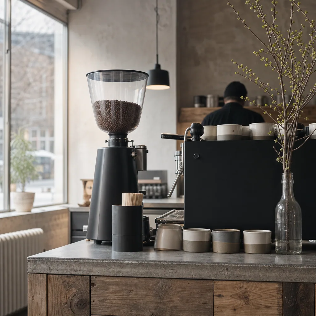 Roast Coffee-kaffebaren set fra siden med store vinduer og grønt træ