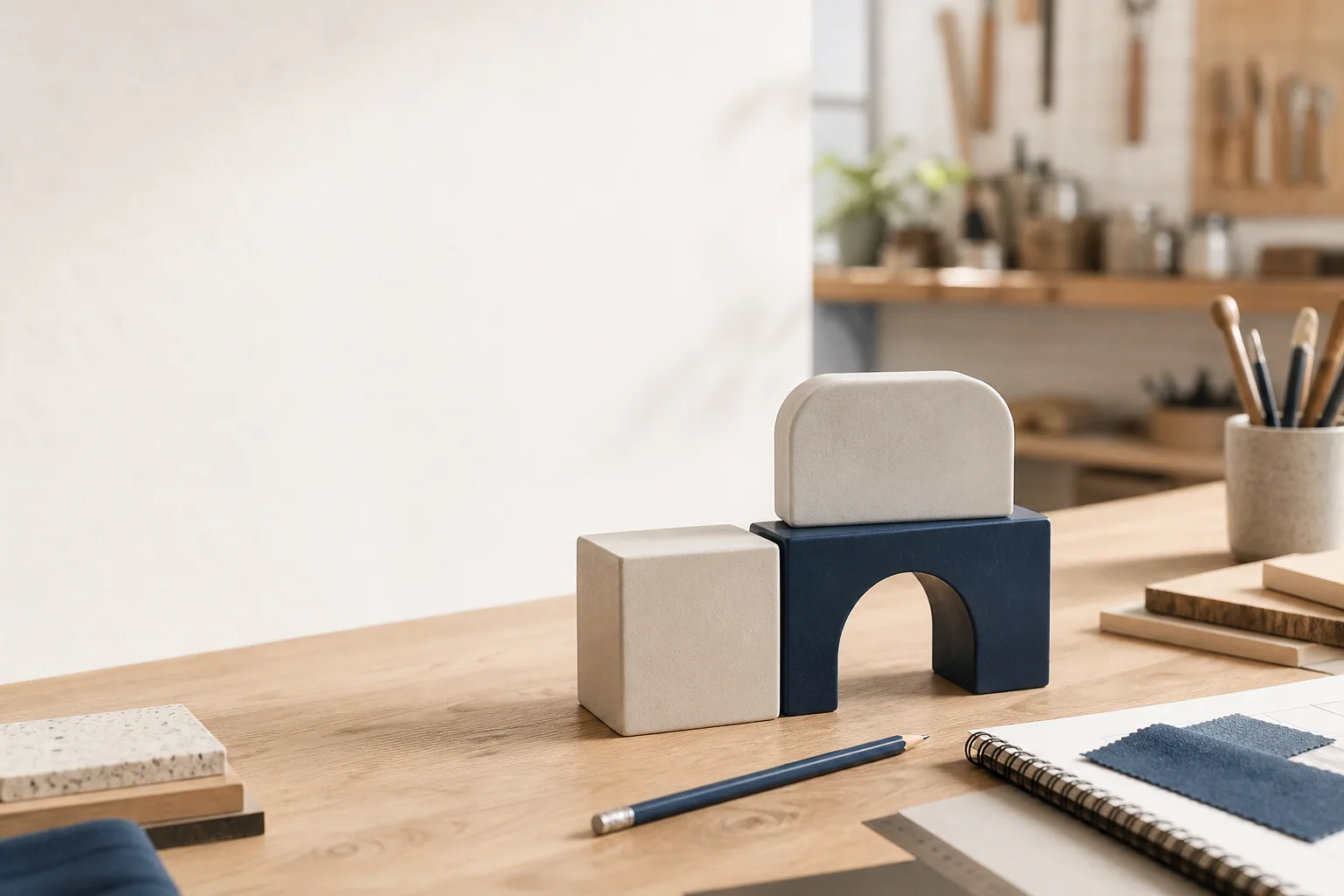 Moderne keramiske kunstobjekter og designgenstande på et lyst træbord i et minimalistisk kontor.