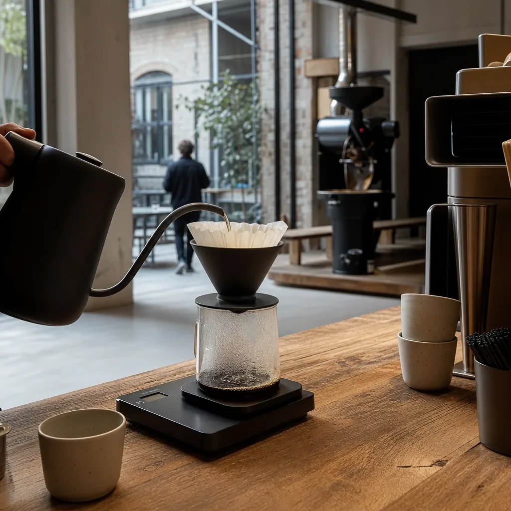 Pour-over brygging med hånd over filter