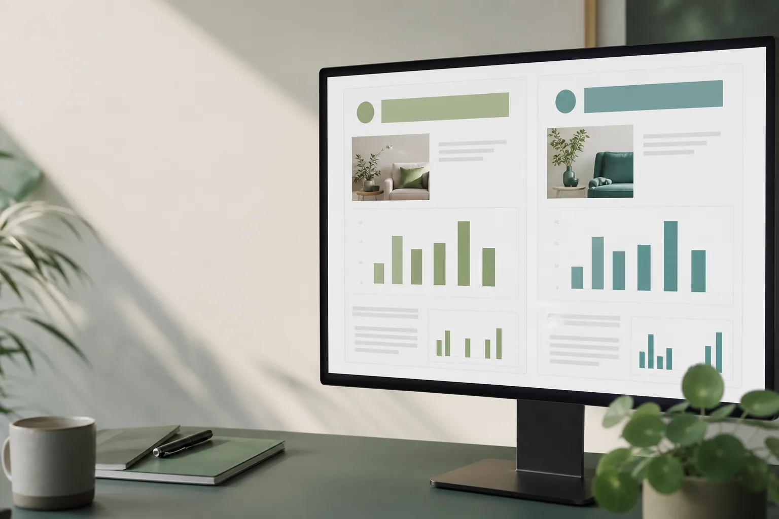 En computermonitor viser en webdesign med grafer, billeder og data-visualiseringer på et moderne skrivebord.