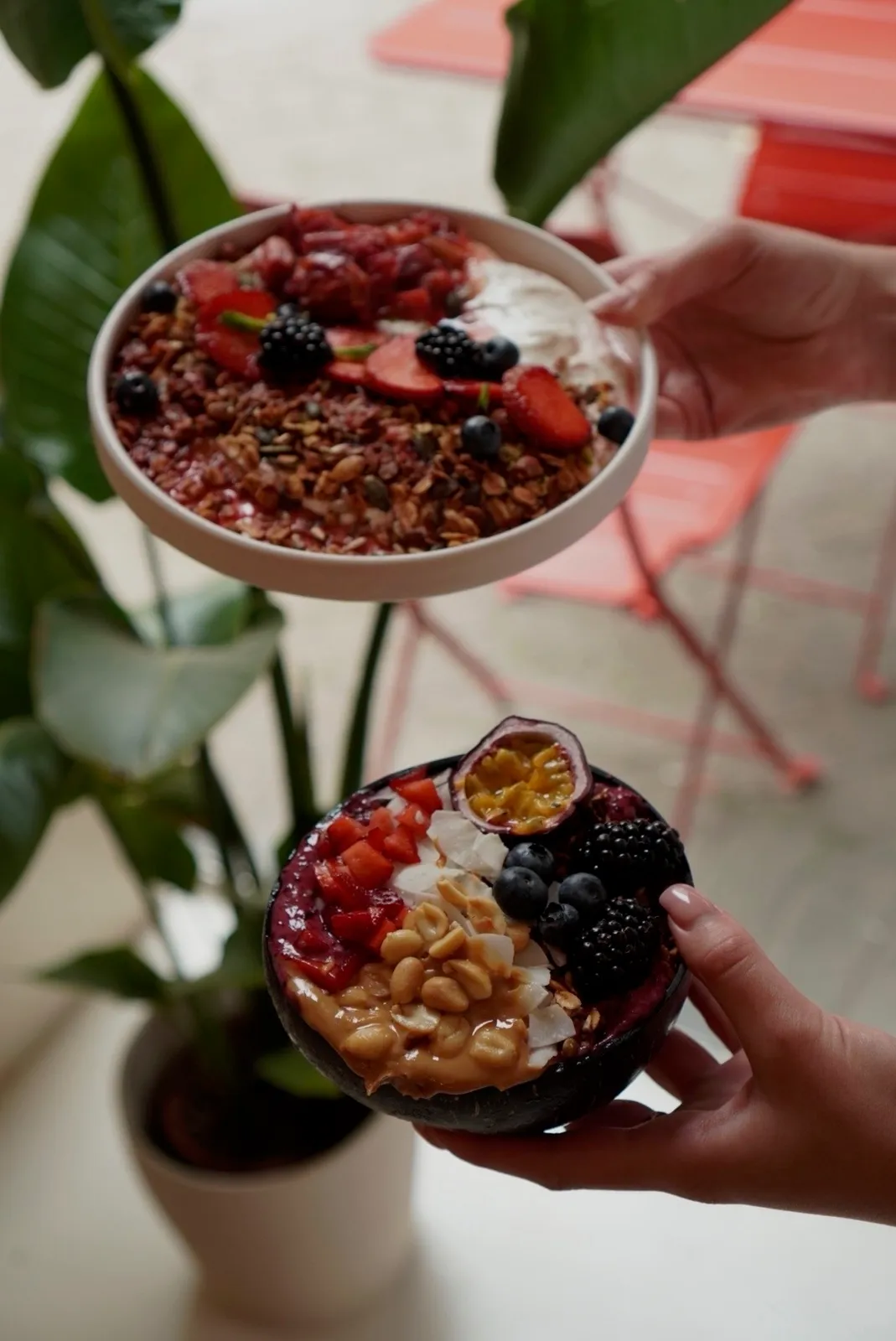 En person holder en åbnet dragefrukt fyldt med granola, friske bær og yoghurt.